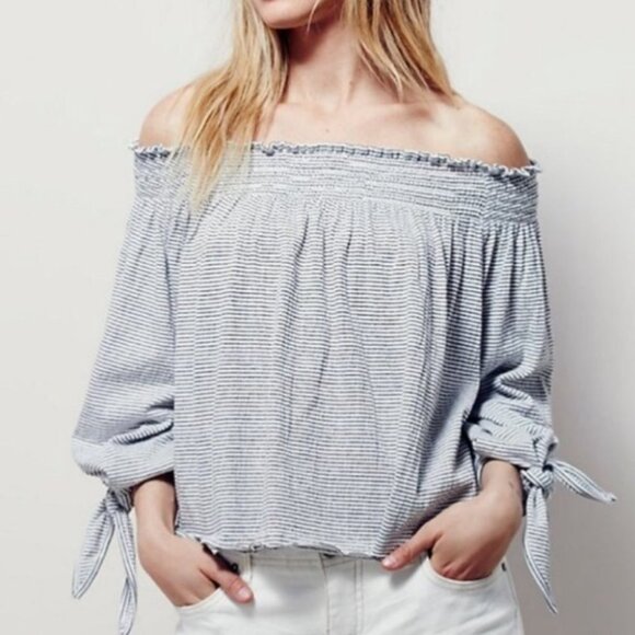 Free People Lexington Striped Off‎ Shoulder Top Size XS Black White Tie Sleeve - Picture 2 of 11